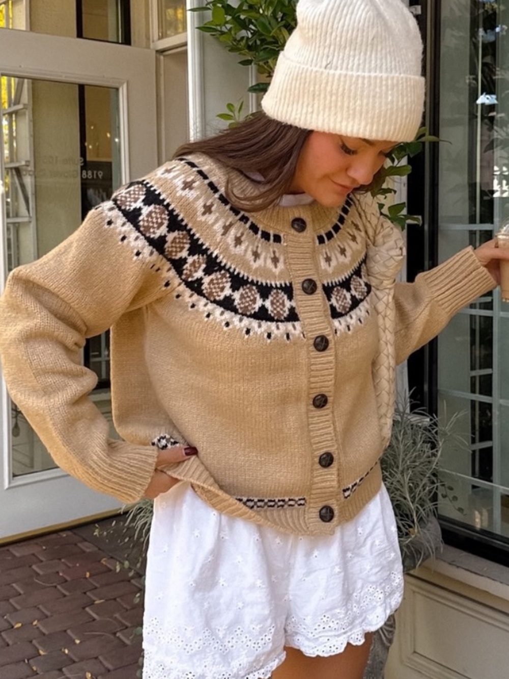 NEW Stitch + Feather Fair Isle Sweater Button Up Cardigan Neutral in Beige Large